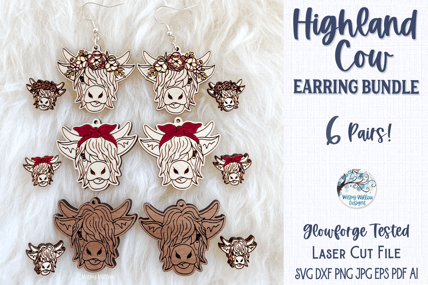 Highland Cow Earrings for Glowforge or Laser Cutter Wispy Willow Designs Company