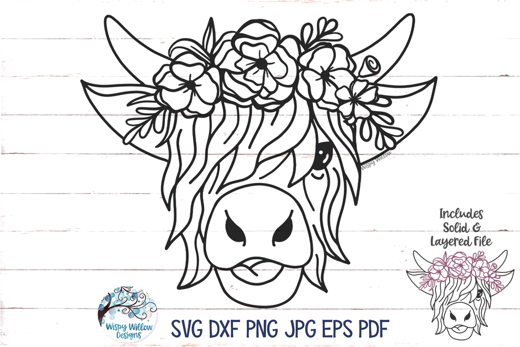 Highland Cow with Flowers SVG Wispy Willow Designs Company