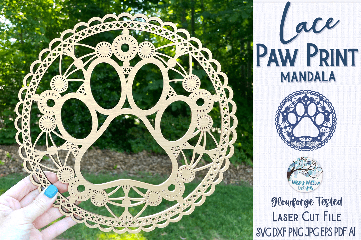 Lace Pet Paw Print Mandala for Laser or Glowforge Wispy Willow Designs Company