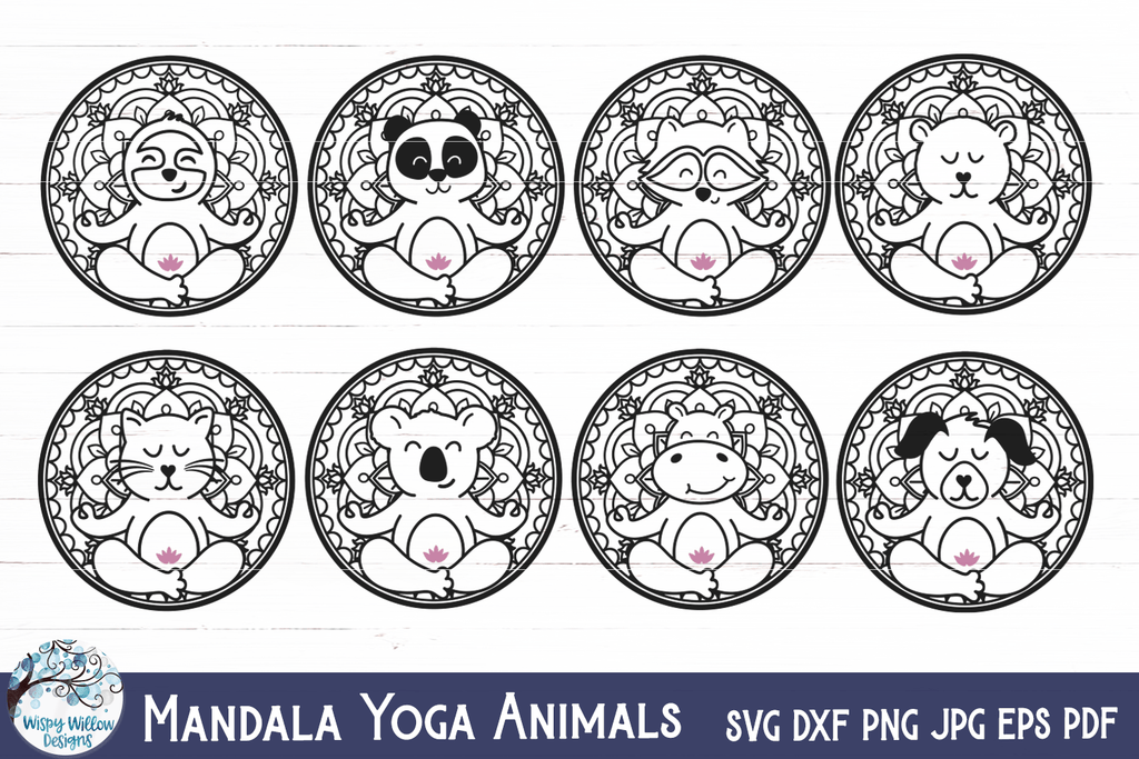 Mandala Yoga Animals SVG Bundle | Cat Dog Sloth Fox Hippo Panda Bear Raccoon Wispy Willow Designs Company