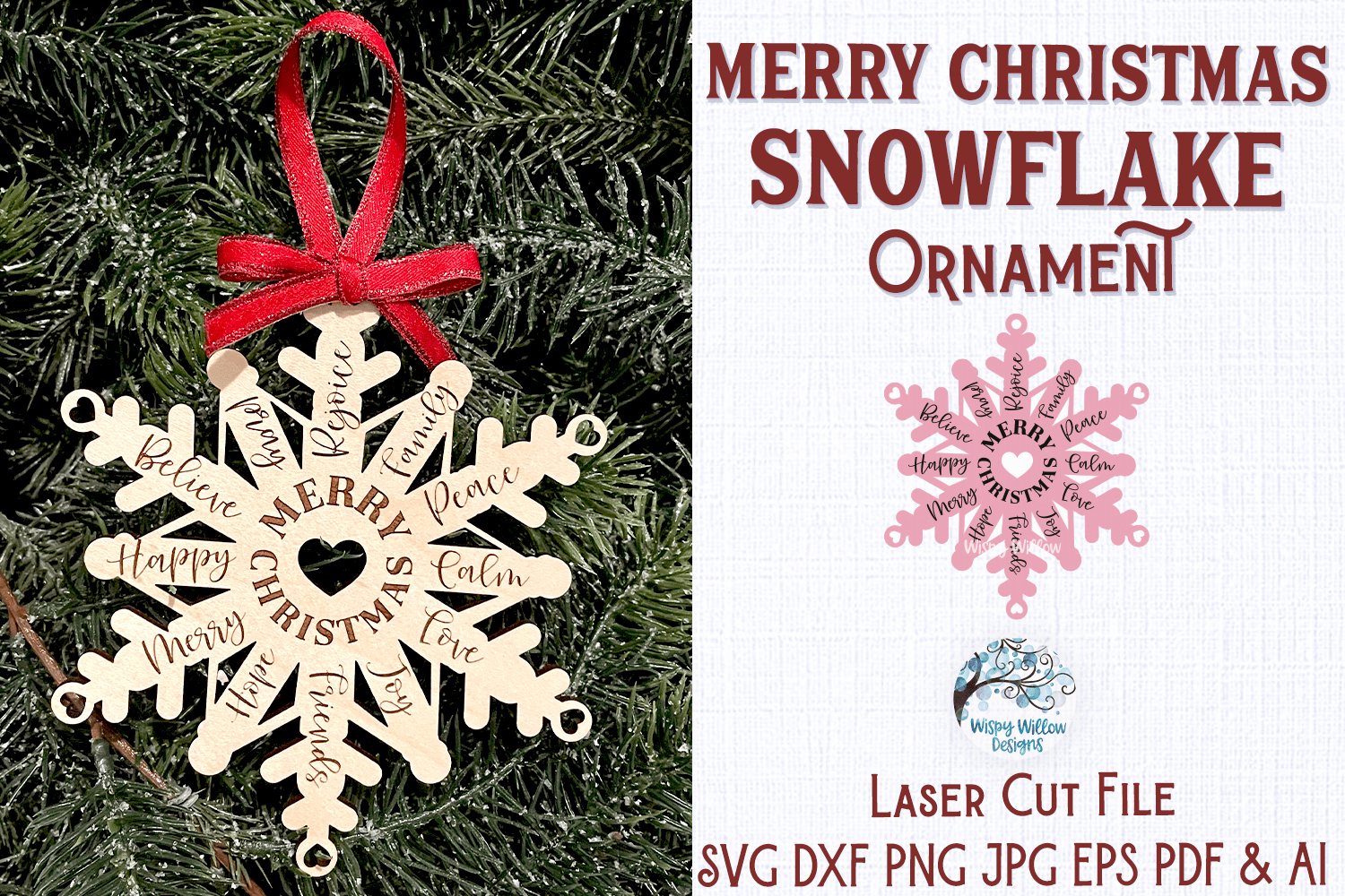 Merry Christmas Snowflake Ornament for Glowforge or Laser Cutter Wispy Willow Designs Company