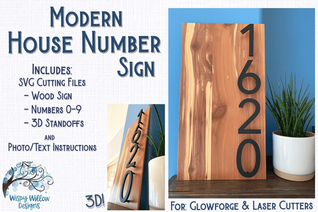 Modern House Number Sign File for Glowforge or Laser Cutter Wispy Willow Designs Company