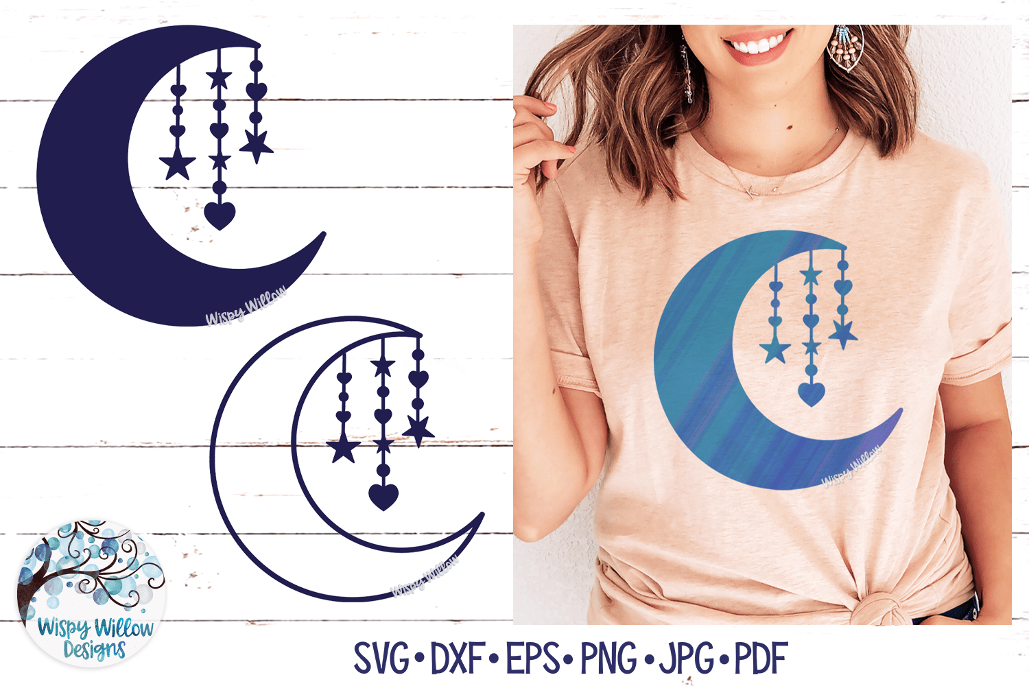 Moon with Hanging Stars SVG | Moon SVG Wispy Willow Designs Company