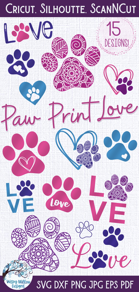 Paw Print Love SVG Bundle Wispy Willow Designs Company