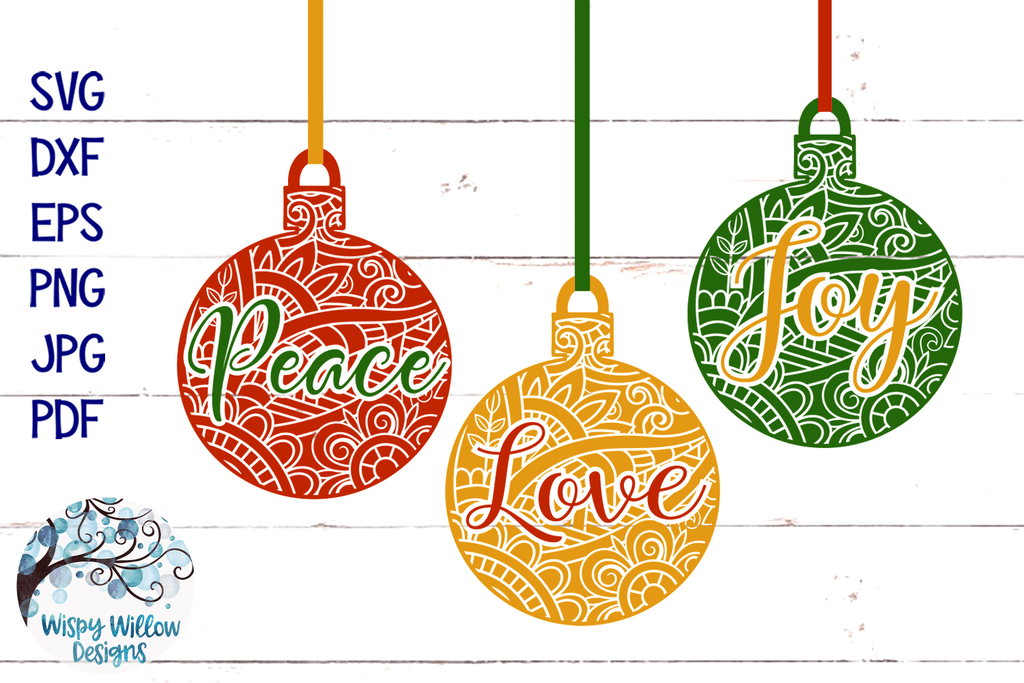 Peace Love Joy Christmas Ornament Mandala SVG Wispy Willow Designs Company