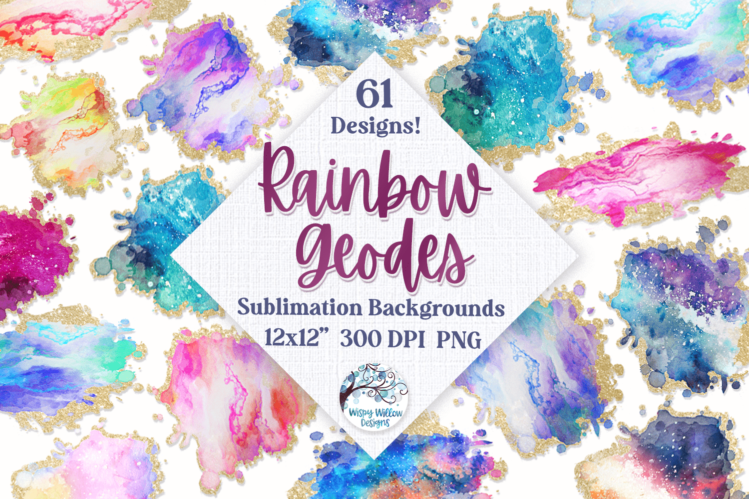 Rainbow Geodes Sublimation Background Elements PNG Bundle Wispy Willow Designs Company