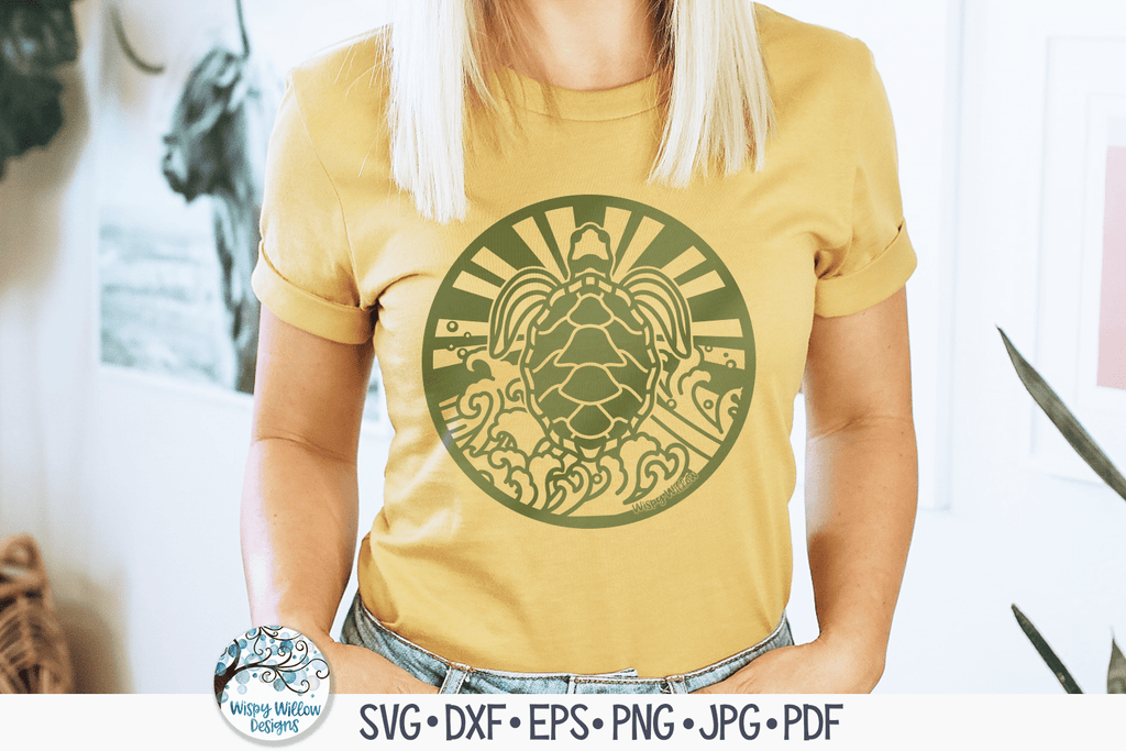 Sea Turtle with Waves SVG | Round Summer Beach Design Wispy Willow Designs Company