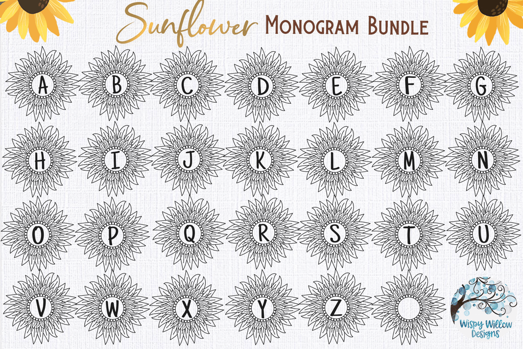 Sunflower Monogram SVG Bundle | Sunflower Alphabet SVG Wispy Willow Designs Company