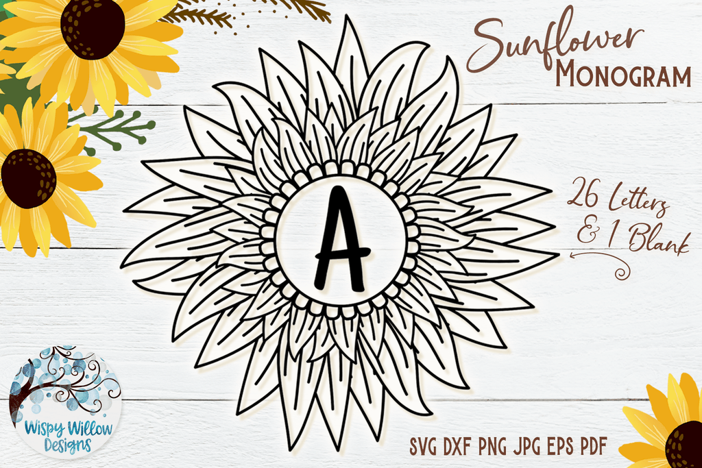 Sunflower Monogram SVG Bundle | Sunflower Alphabet SVG Wispy Willow Designs Company