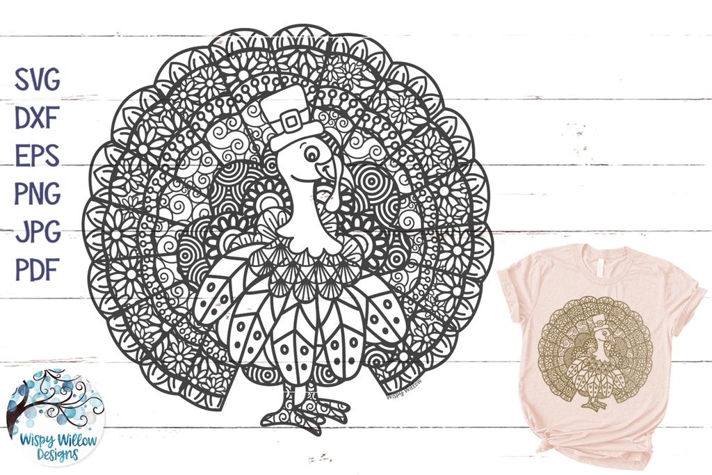 Turkey Zentangle SVG | Thanksgiving Turkey Mandala SVG Wispy Willow Designs Company