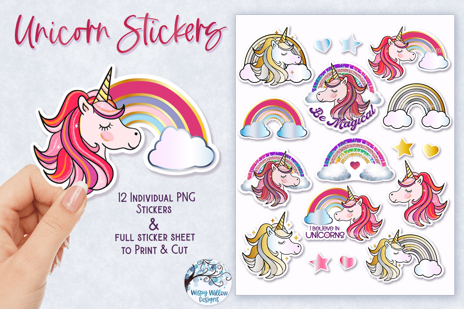 Unicorn and Rainbow Stickers PNG Wispy Willow Designs Company