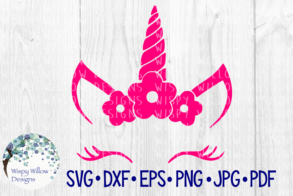 Unicorn Face with Flowers SVG Wispy Willow Designs Company