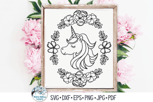 Unicorn with Oval Flower Frame SVG Wispy Willow Designs Company
