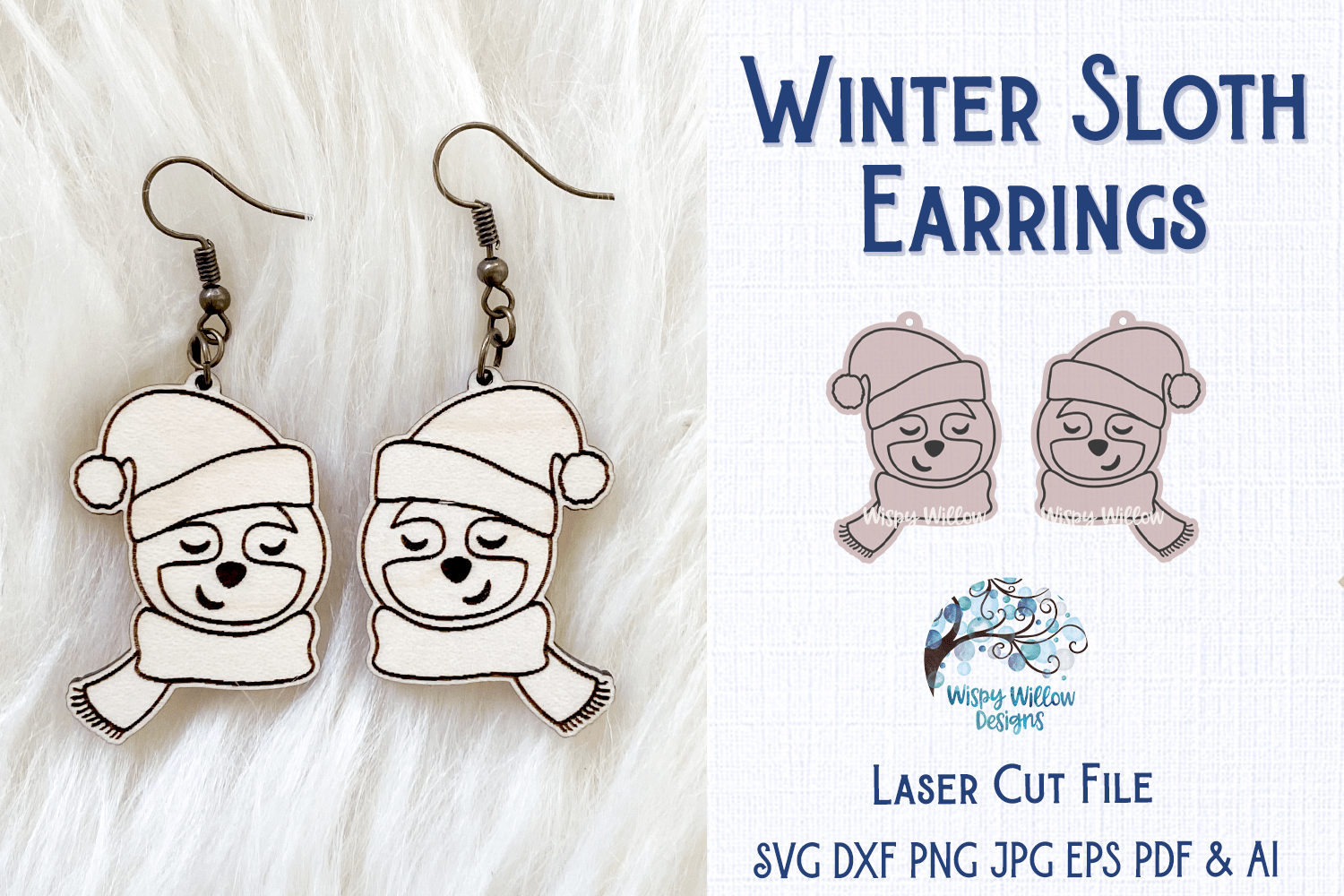 Winter Sloth Earrings for Glowforge or Laser Cutter Wispy Willow Designs Company