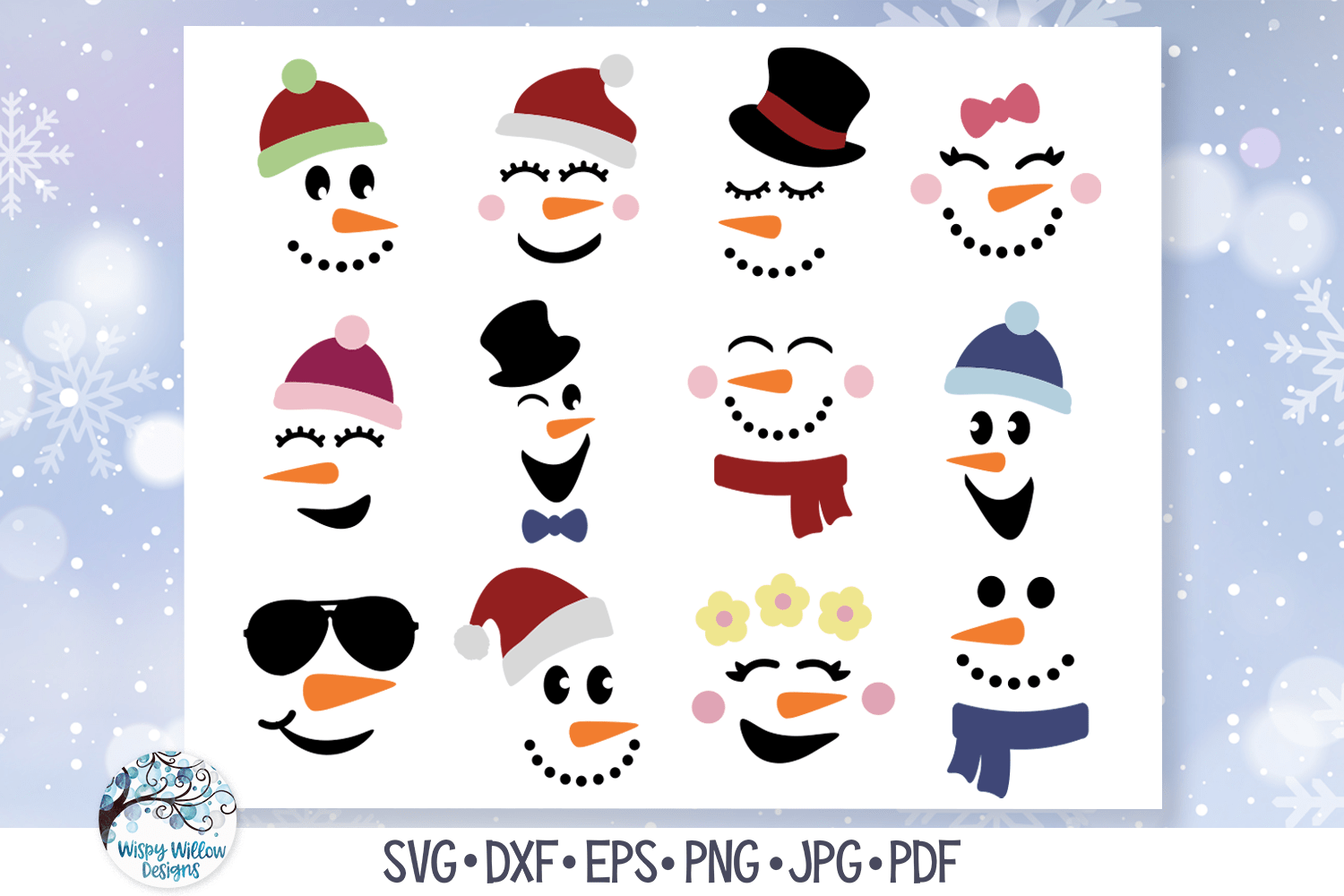 Winter Snowman Faces with Hat and Scarves SVG Bundle Wispy Willow Designs Company