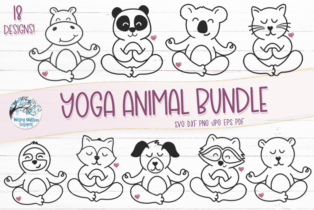 Yoga Animals SVG Bundle | Cat Dog Sloth Fox Hippo Panda Bear Raccoon Wispy Willow Designs Company